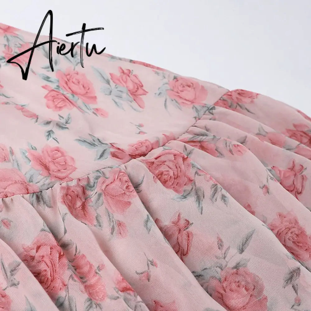 Aiertu Fairy Dress Ruffled Breast Wrap Strap Dress Women's Spring Summer Midi Flower Halterneck  Boho Dress Beach Dress Sundress Aiertu