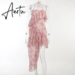 Aiertu Fairy Dress Ruffled Breast Wrap Strap Dress Women's Spring Summer Midi Flower Halterneck  Boho Dress Beach Dress Sundress Aiertu