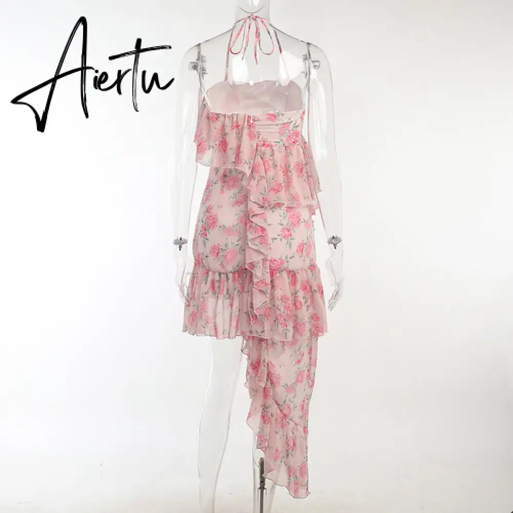 Aiertu Fairy Dress Ruffled Breast Wrap Strap Dress Women's Spring Summer Midi Flower Halterneck  Boho Dress Beach Dress Sundress Aiertu