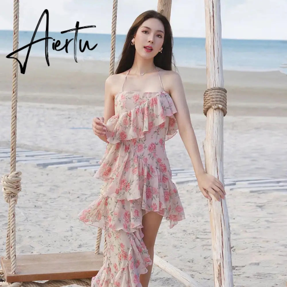 Aiertu Fairy Dress Ruffled Breast Wrap Strap Dress Women's Spring Summer Midi Flower Halterneck  Boho Dress Beach Dress Sundress Aiertu