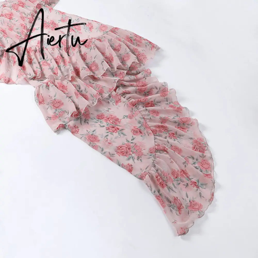 Aiertu Fairy Dress Ruffled Breast Wrap Strap Dress Women's Spring Summer Midi Flower Halterneck  Boho Dress Beach Dress Sundress Aiertu