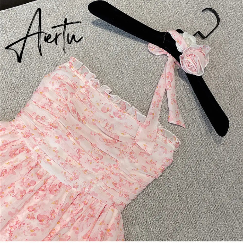 Aiertu Fairy Dress Wrapped Chest Floral Dress Women Summer French High Waist Holiday Dress  Puffy Bohemian Dress Irregular Sundress Femme Robe Aiertu