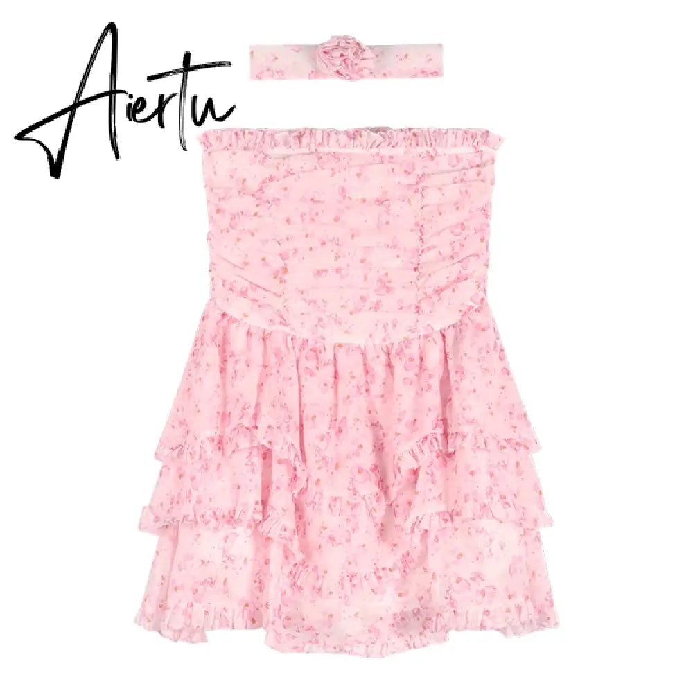 Aiertu Fairy Dress Wrapped Chest Floral Dress Women Summer French High Waist Holiday Dress  Puffy Bohemian Dress Irregular Sundress Femme Robe Aiertu