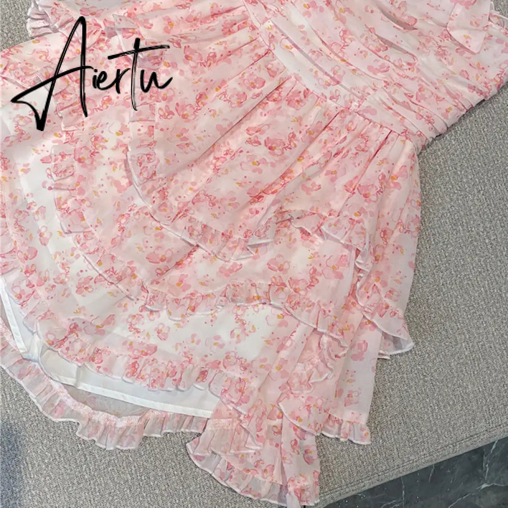 Aiertu Fairy Dress Wrapped Chest Floral Dress Women Summer French High Waist Holiday Dress  Puffy Bohemian Dress Irregular Sundress Femme Robe Aiertu