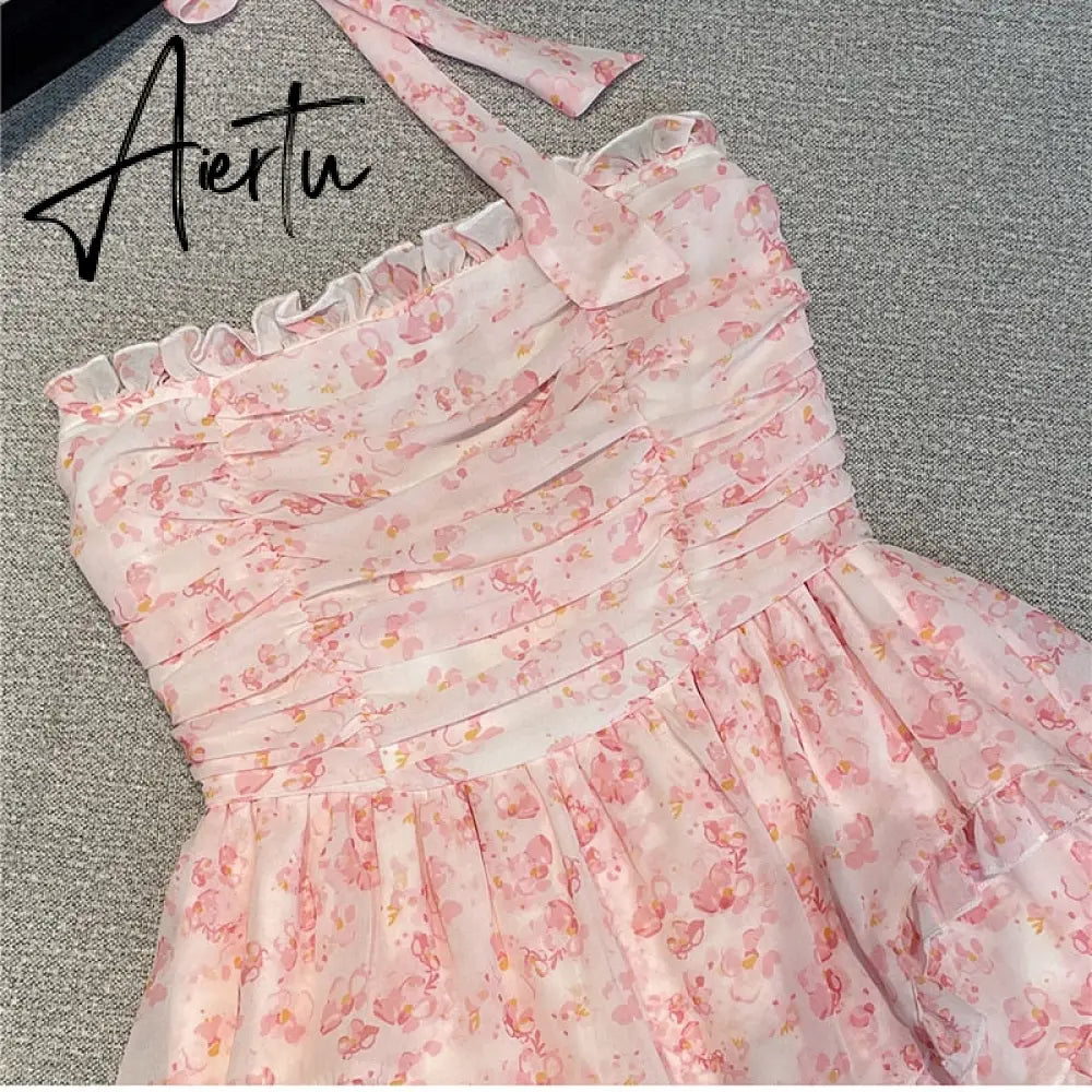 Aiertu Fairy Dress Wrapped Chest Floral Dress Women Summer French High Waist Holiday Dress  Puffy Bohemian Dress Irregular Sundress Femme Robe Aiertu