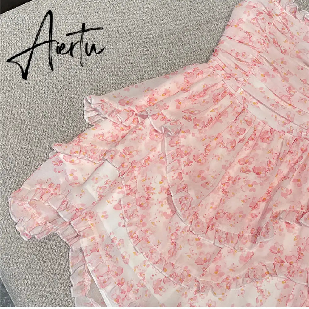 Aiertu Fairy Dress Wrapped Chest Floral Dress Women Summer French High Waist Holiday Dress  Puffy Bohemian Dress Irregular Sundress Femme Robe Aiertu