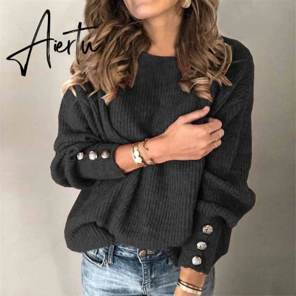 Aiertu Fall Winter Woman Sweaters Fashion Solid Color Pullover O-Neck Warm Long Sleeve Sweater Clothes WomenBlack Tops Femme Aiertu