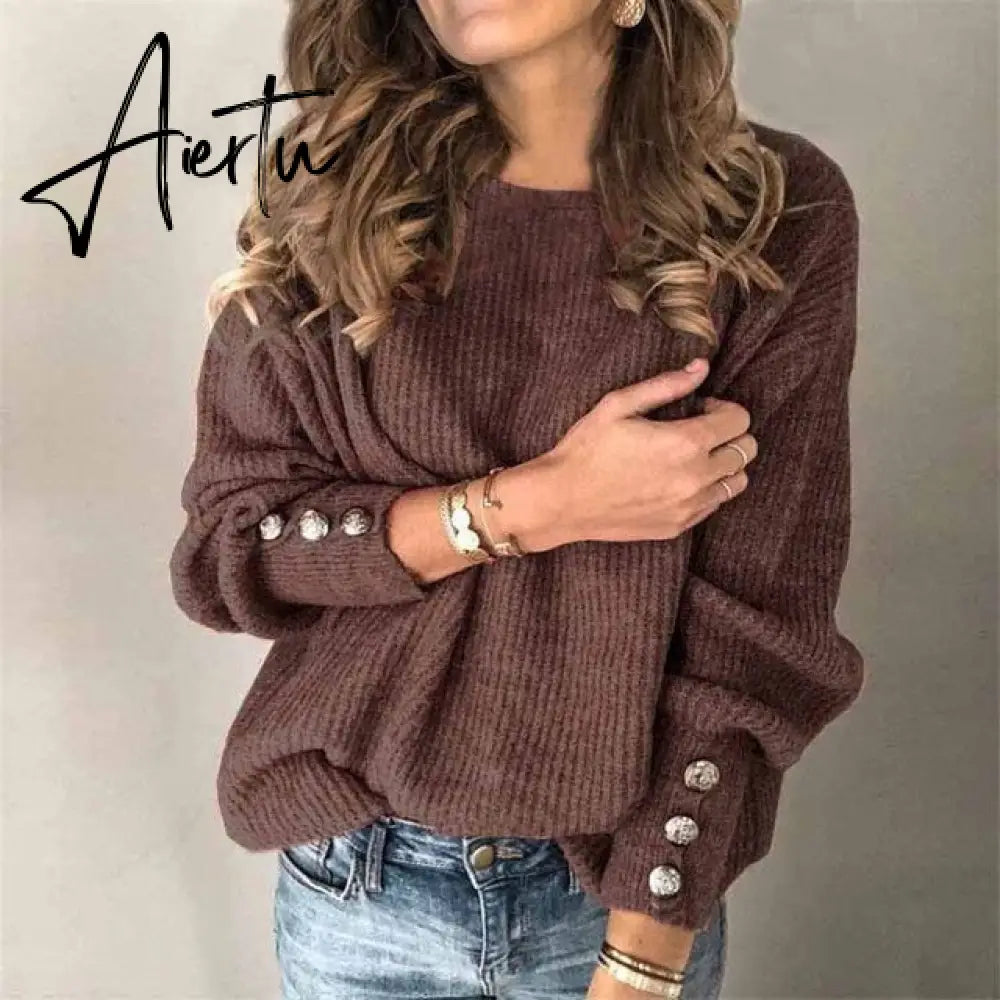 Aiertu Fall Winter Woman Sweaters Fashion Solid Color Pullover O-Neck Warm Long Sleeve Sweater Clothes WomenBlack Tops Femme Aiertu