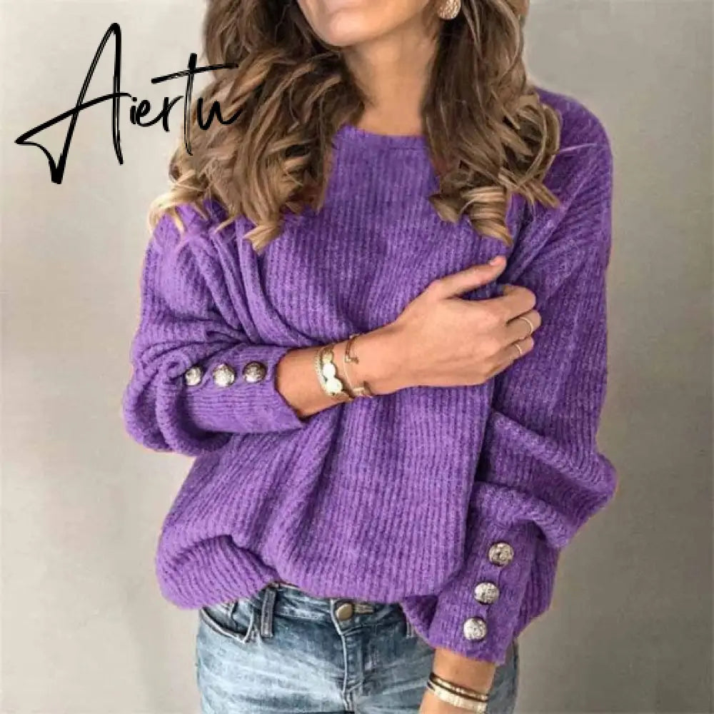 Aiertu Fall Winter Woman Sweaters Fashion Solid Color Pullover O-Neck Warm Long Sleeve Sweater Clothes WomenBlack Tops Femme Aiertu