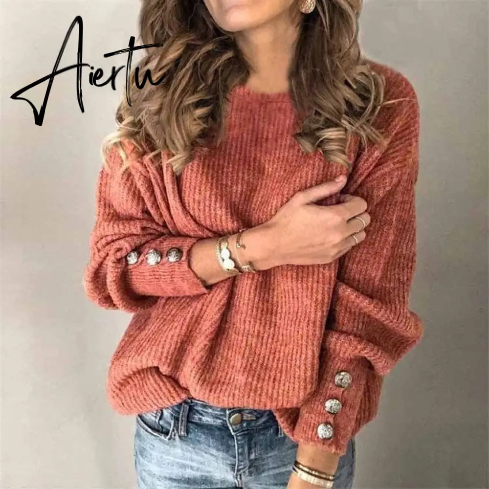 Aiertu Fall Winter Woman Sweaters Fashion Solid Color Pullover O-Neck Warm Long Sleeve Sweater Clothes WomenBlack Tops Femme Aiertu
