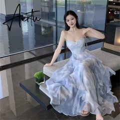 Aiertu Fashion 2024 Summer Blue Fairy Midi Holiday Dress Ruffles Sexy Strap Slip Dress Sleeveless Vacation Beach Seaside Photo Skirt Aiertu
