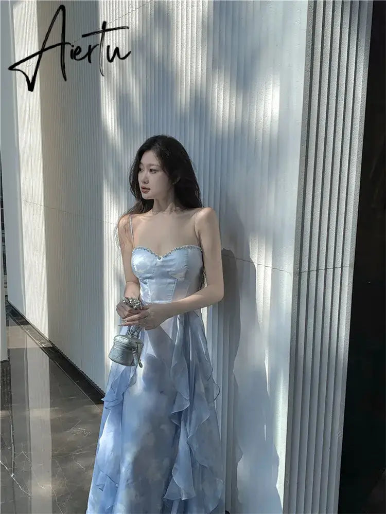 Aiertu Fashion 2024 Summer Blue Fairy Midi Holiday Dress Ruffles Sexy Strap Slip Dress Sleeveless Vacation Beach Seaside Photo Skirt Aiertu