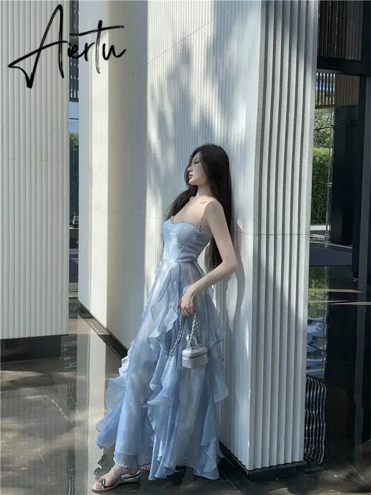 Aiertu Fashion 2024 Summer Blue Fairy Midi Holiday Dress Ruffles Sexy Strap Slip Dress Sleeveless Vacation Beach Seaside Photo Skirt Aiertu