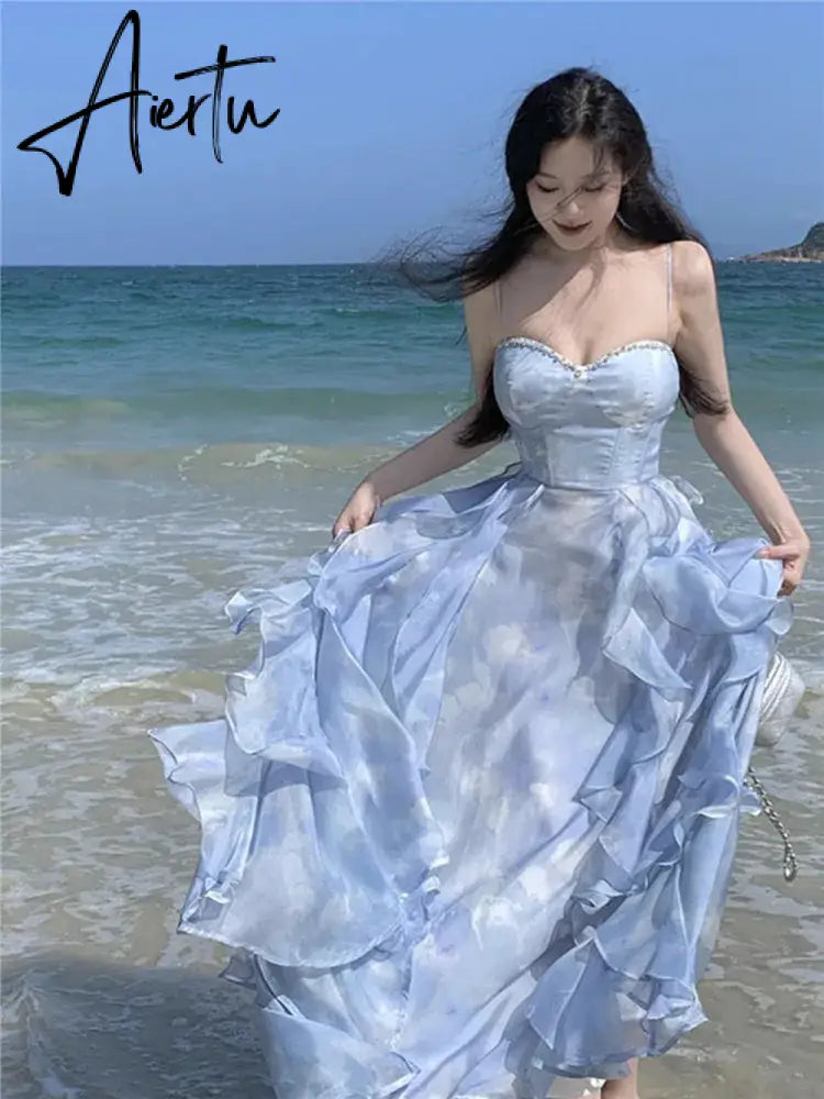 Aiertu Fashion 2024 Summer Blue Fairy Midi Holiday Dress Ruffles Sexy Strap Slip Dress Sleeveless Vacation Beach Seaside Photo Skirt Aiertu