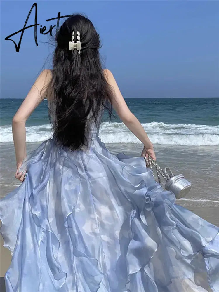 Aiertu Fashion 2024 Summer Blue Fairy Midi Holiday Dress Ruffles Sexy Strap Slip Dress Sleeveless Vacation Beach Seaside Photo Skirt Aiertu