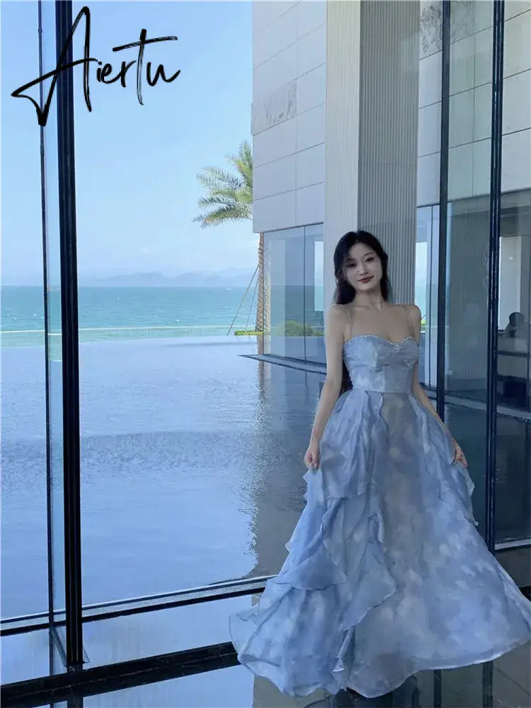 Aiertu Fashion 2024 Summer Blue Fairy Midi Holiday Dress Ruffles Sexy Strap Slip Dress Sleeveless Vacation Beach Seaside Photo Skirt Aiertu