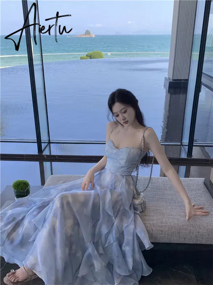 Aiertu Fashion 2024 Summer Blue Fairy Midi Holiday Dress Ruffles Sexy Strap Slip Dress Sleeveless Vacation Beach Seaside Photo Skirt Aiertu