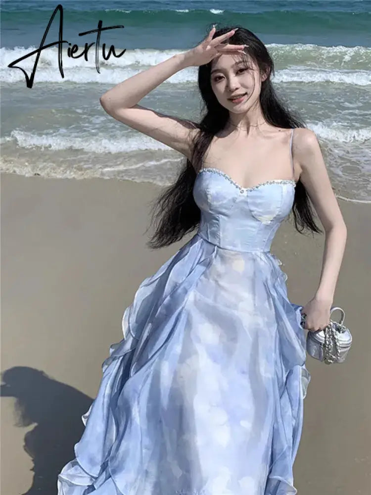 Aiertu Fashion 2024 Summer Blue Fairy Midi Holiday Dress Ruffles Sexy Strap Slip Dress Sleeveless Vacation Beach Seaside Photo Skirt Aiertu