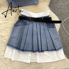 Aiertu  Fashion American Retro Y2K Sexy Denim Suits Women Strapless Mini Top+ Pleated Mini Skirt Vintage Beach Two Pieces Set Aiertu