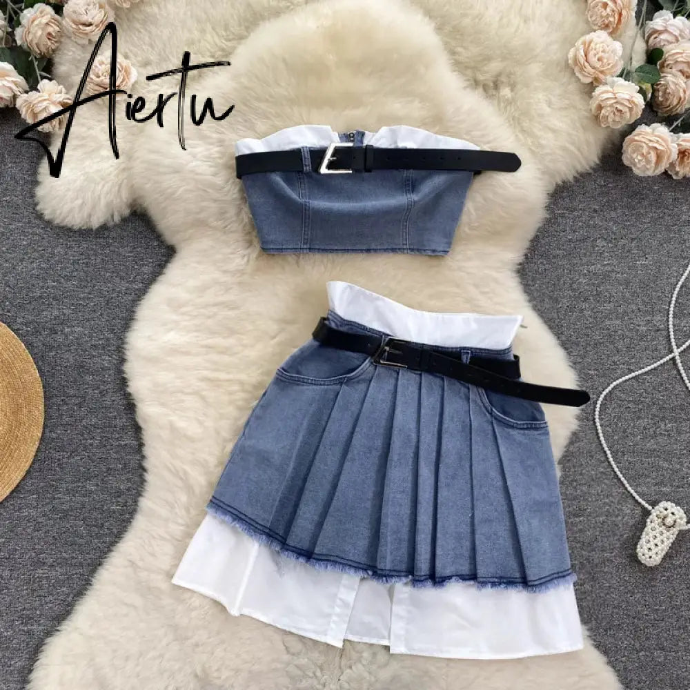 Aiertu  Fashion American Retro Y2K Sexy Denim Suits Women Strapless Mini Top+ Pleated Mini Skirt Vintage Beach Two Pieces Set Aiertu