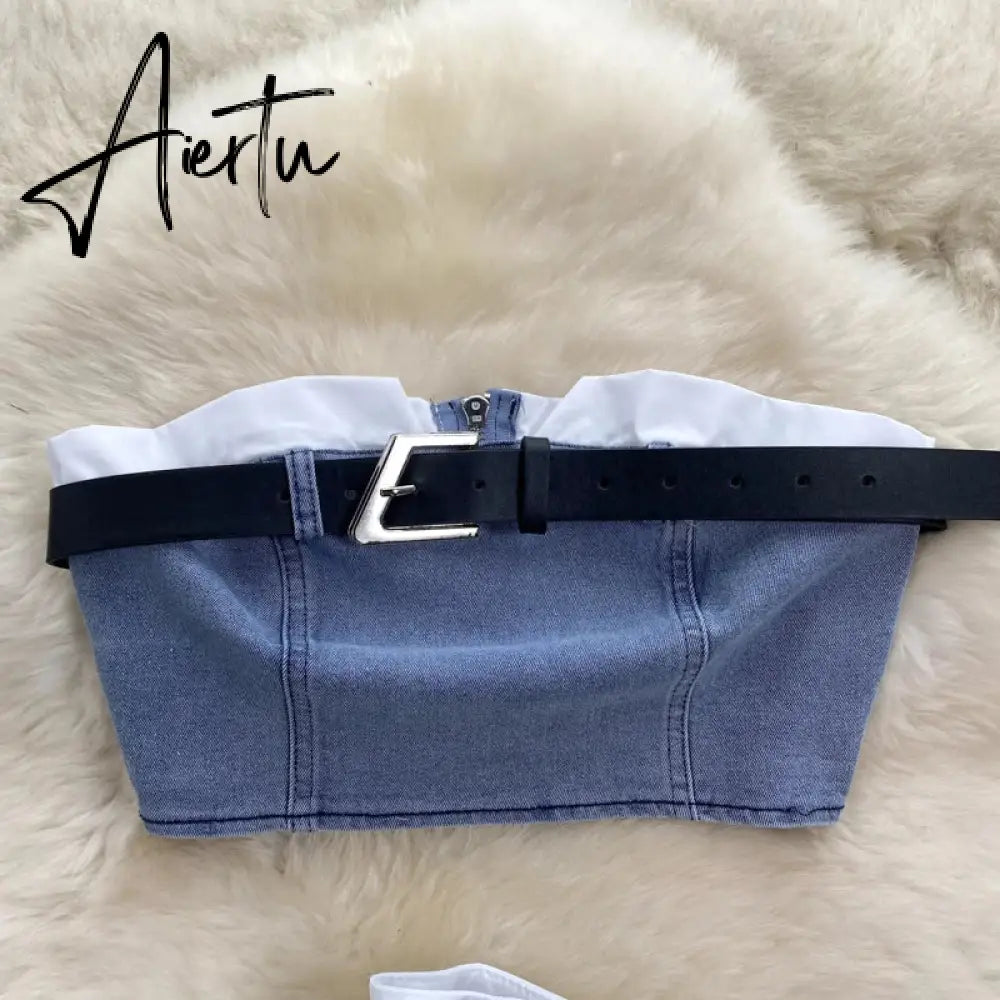 Aiertu  Fashion American Retro Y2K Sexy Denim Suits Women Strapless Mini Top+ Pleated Mini Skirt Vintage Beach Two Pieces Set Aiertu