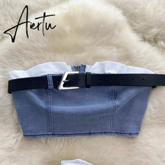 Aiertu  Fashion American Retro Y2K Sexy Denim Suits Women Strapless Mini Top+ Pleated Mini Skirt Vintage Beach Two Pieces Set Aiertu