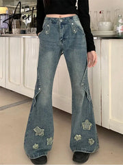 Aiertu Fashion Blue Denim Pants Women Embroidery Star New Design High Waist Slim Bell Bottoms Gyaru Jeans Streetwear Vintage Kpop Aiertu