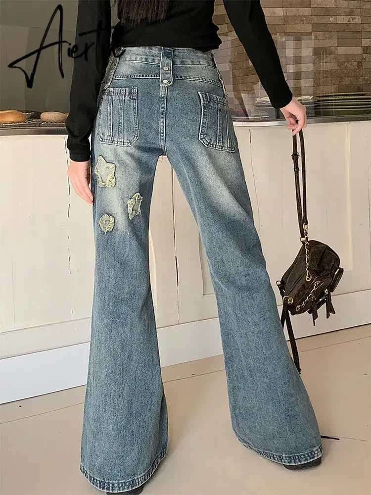 Aiertu Fashion Blue Denim Pants Women Embroidery Star New Design High Waist Slim Bell Bottoms Gyaru Jeans Streetwear Vintage Kpop Aiertu