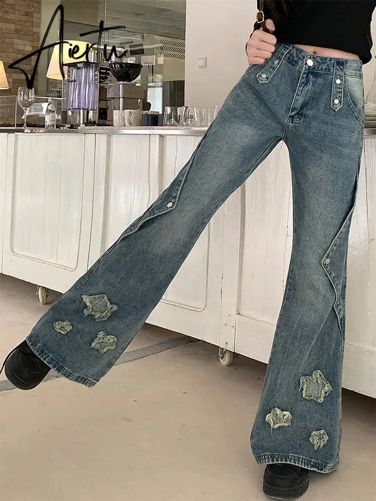 Aiertu Fashion Blue Denim Pants Women Embroidery Star New Design High Waist Slim Bell Bottoms Gyaru Jeans Streetwear Vintage Kpop Aiertu