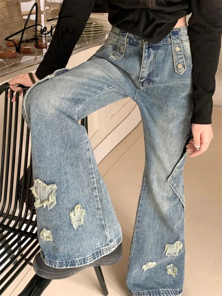 Aiertu Fashion Blue Denim Pants Women Embroidery Star New Design High Waist Slim Bell Bottoms Gyaru Jeans Streetwear Vintage Kpop Aiertu