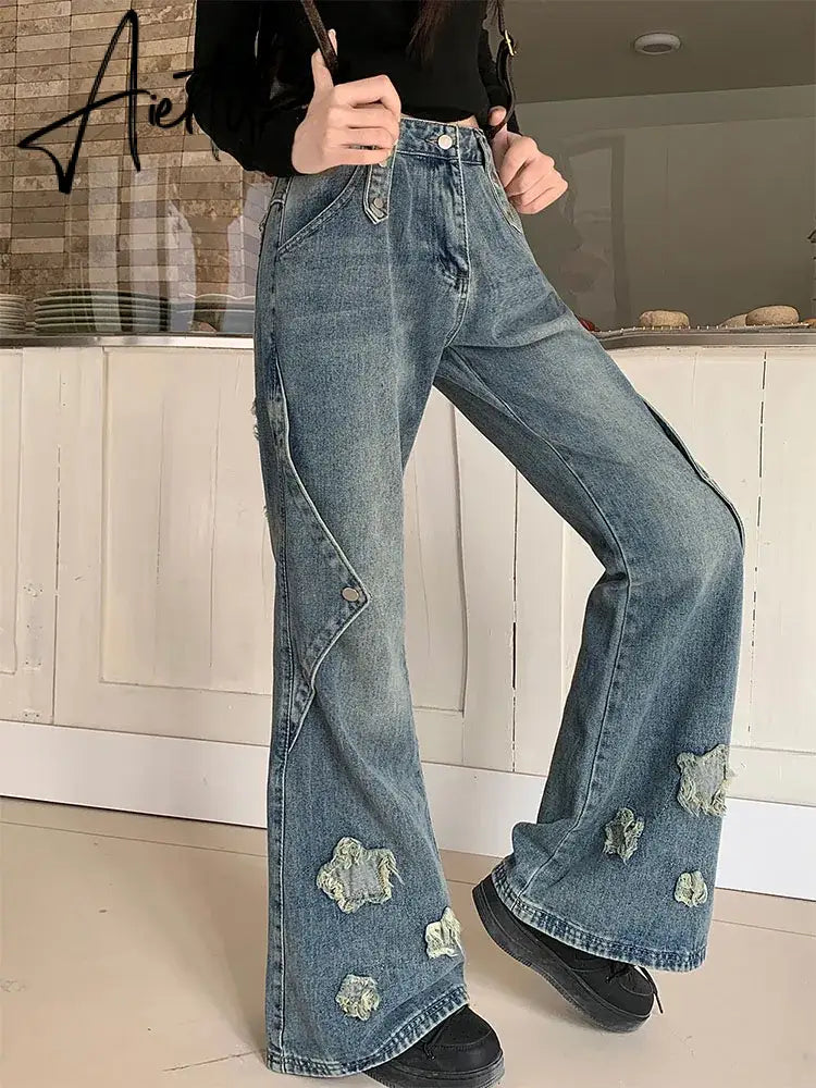 Aiertu Fashion Blue Denim Pants Women Embroidery Star New Design High Waist Slim Bell Bottoms Gyaru Jeans Streetwear Vintage Kpop Aiertu