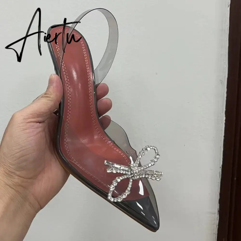 Aiertu Fashion brand Rhinestones Bowknot Women Pumps Sexy clear PVC Slingback High heels Jelly Shoes Summer Ladies Wedding Bridal Shoes Aiertu