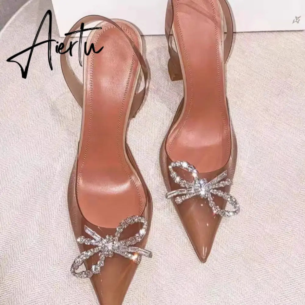 Aiertu Fashion brand Rhinestones Bowknot Women Pumps Sexy clear PVC Slingback High heels Jelly Shoes Summer Ladies Wedding Bridal Shoes Aiertu