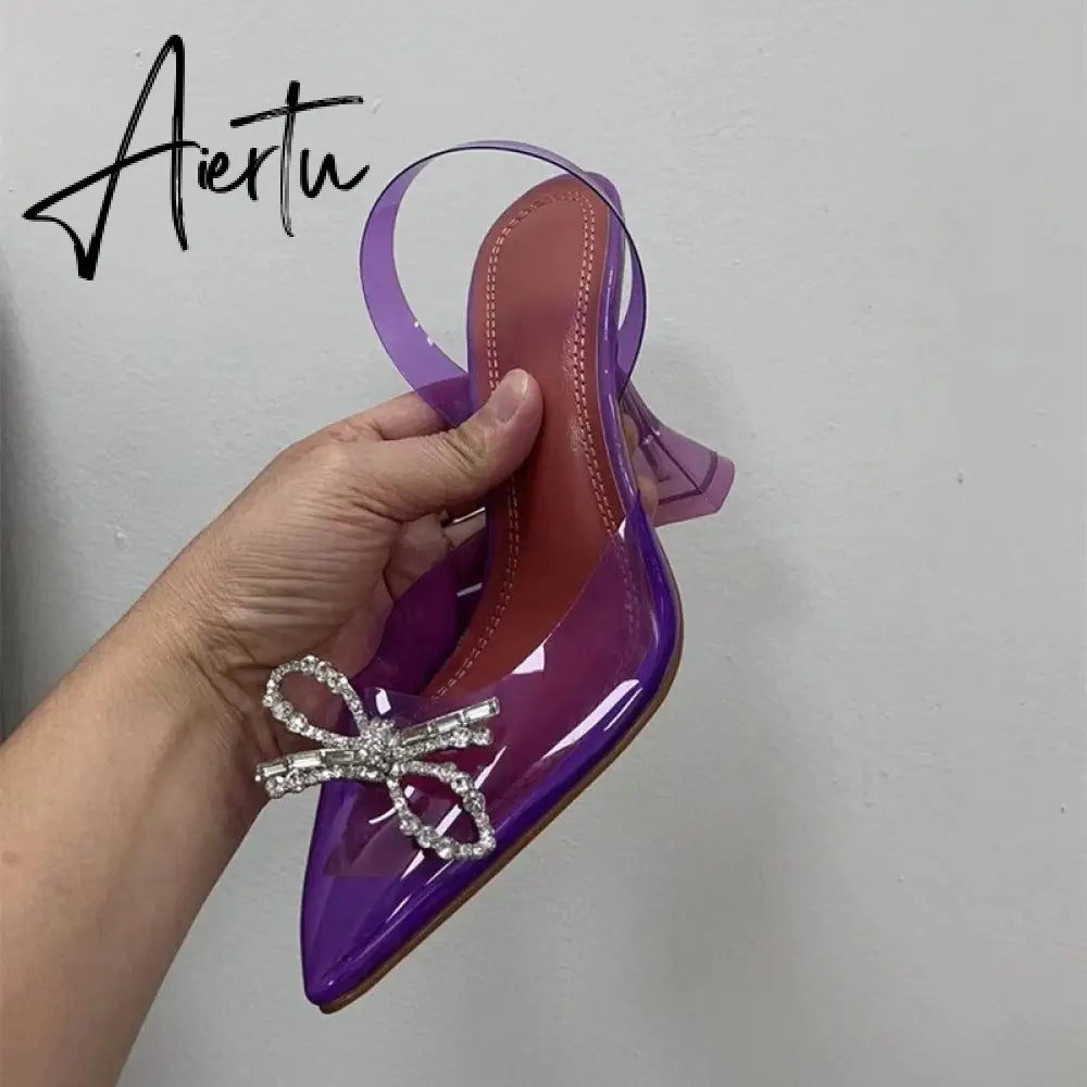 Aiertu Fashion brand Rhinestones Bowknot Women Pumps Sexy clear PVC Slingback High heels Jelly Shoes Summer Ladies Wedding Bridal Shoes Aiertu