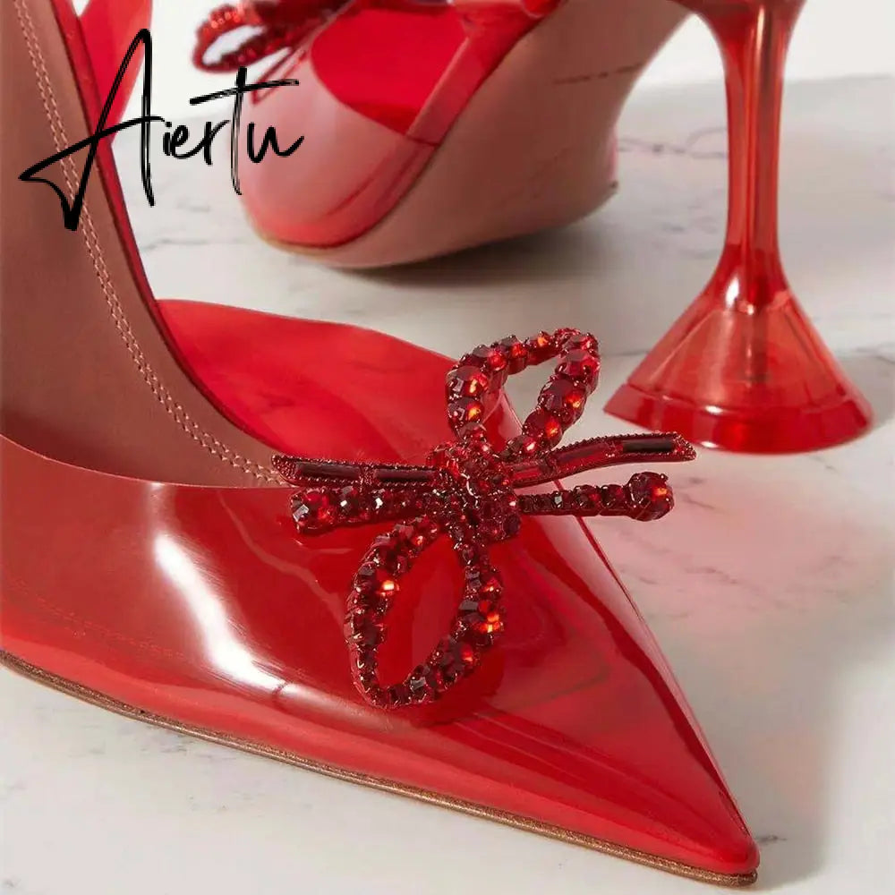 Aiertu Fashion brand Rhinestones Bowknot Women Pumps Sexy clear PVC Slingback High heels Jelly Shoes Summer Ladies Wedding Bridal Shoes Aiertu