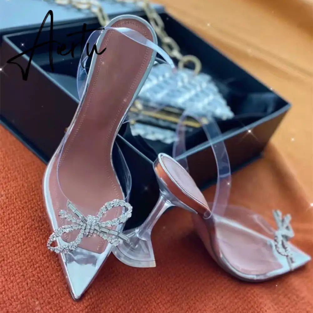 Aiertu Fashion brand Rhinestones Bowknot Women Pumps Sexy clear PVC Slingback High heels Jelly Shoes Summer Ladies Wedding Bridal Shoes Aiertu