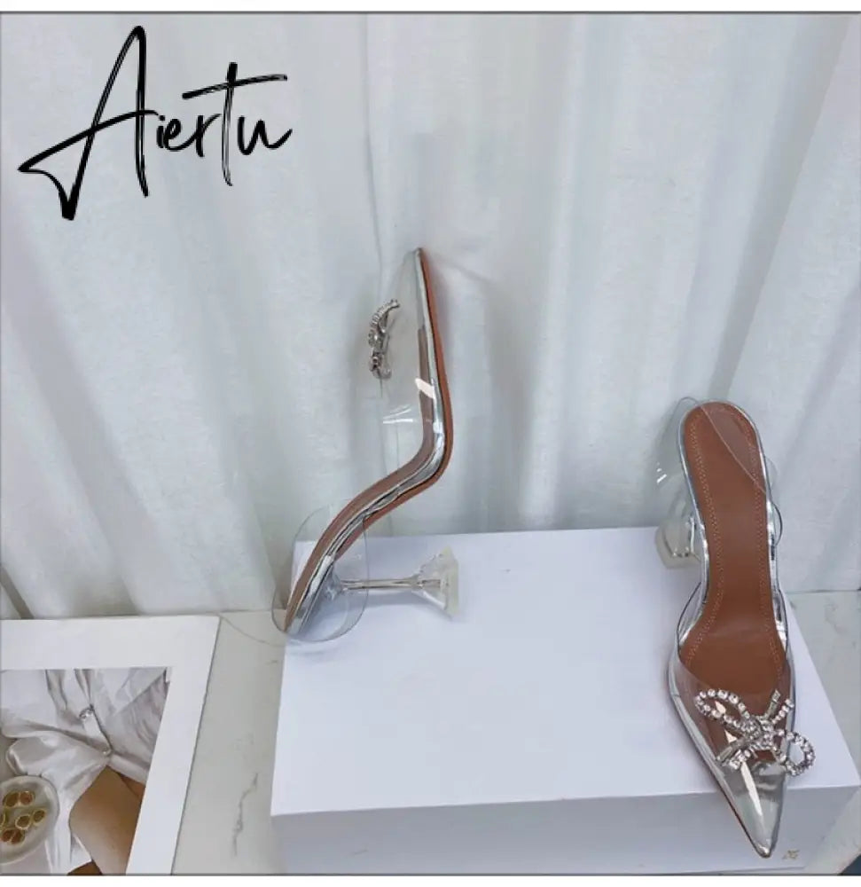 Aiertu Fashion Brand Transparent PVC Women Sandals Cup heeled Slingbacks Gladiator Sandals Crystal Bowknot Summer Office Lady Shoes Aiertu