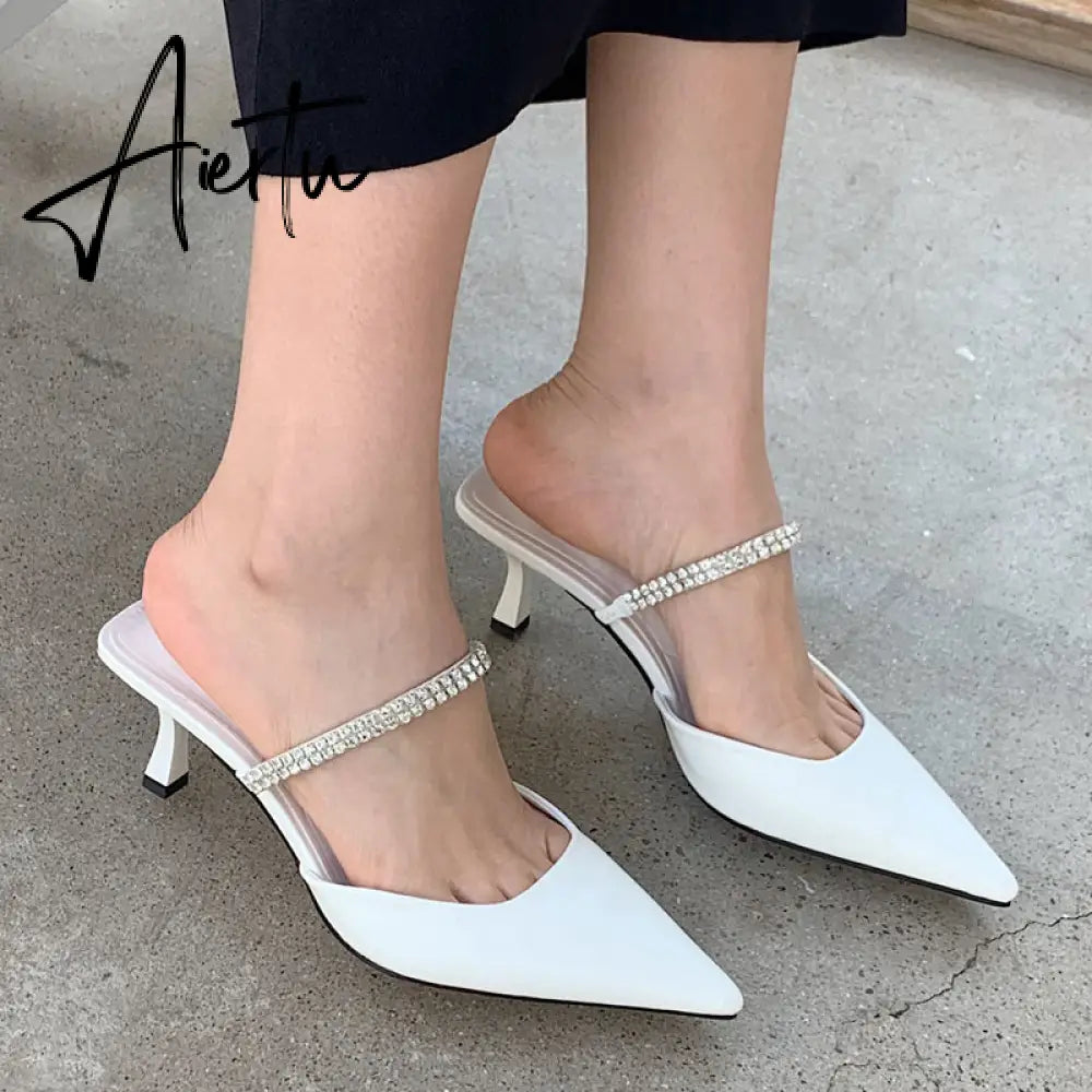 Aiertu Fashion Brand Women Slipper Crystal Pointed Toe Slip On Mules Shoes Thin High Heel Ladies Elegant Dress Slides Aiertu