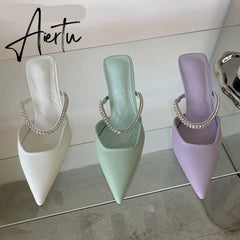 Aiertu Fashion Brand Women Slipper Crystal Pointed Toe Slip On Mules Shoes Thin High Heel Ladies Elegant Dress Slides Aiertu
