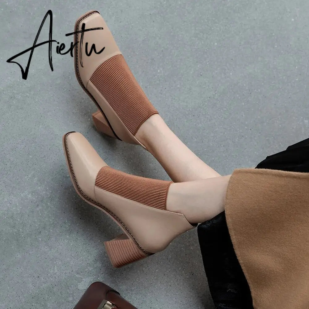 Aiertu  Fashion Comfortable Genuine Leather Women's Ankle Boots Elegant Square Toe Thick Heels Pumps Party Casual Shoes Woman New Aiertu