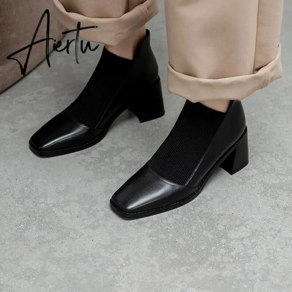 Aiertu  Fashion Comfortable Genuine Leather Women's Ankle Boots Elegant Square Toe Thick Heels Pumps Party Casual Shoes Woman New Aiertu