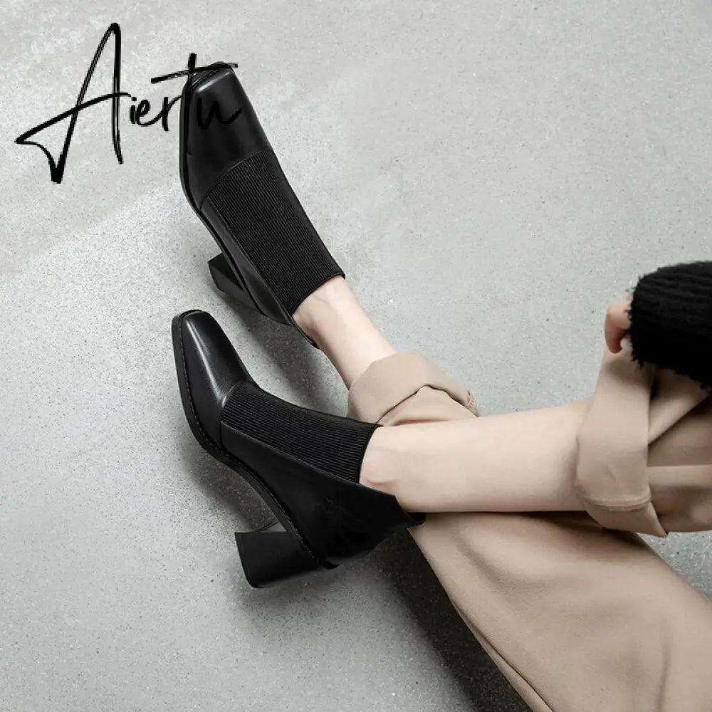 Aiertu  Fashion Comfortable Genuine Leather Women's Ankle Boots Elegant Square Toe Thick Heels Pumps Party Casual Shoes Woman New Aiertu