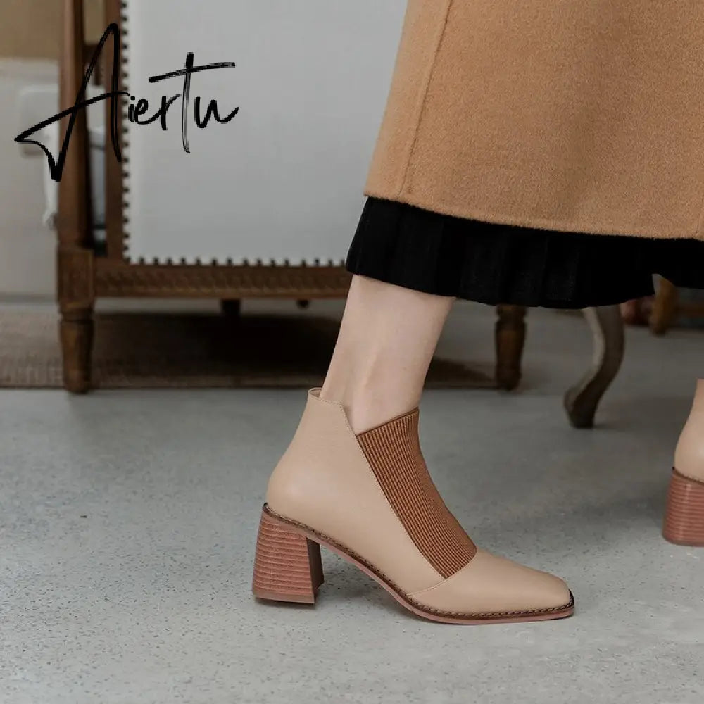 Aiertu  Fashion Comfortable Genuine Leather Women's Ankle Boots Elegant Square Toe Thick Heels Pumps Party Casual Shoes Woman New Aiertu