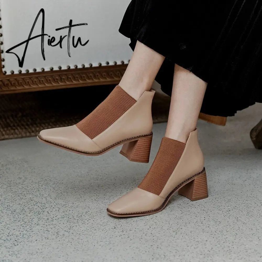 Aiertu  Fashion Comfortable Genuine Leather Women's Ankle Boots Elegant Square Toe Thick Heels Pumps Party Casual Shoes Woman New Aiertu