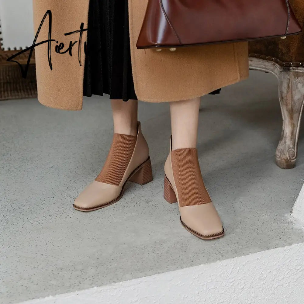 Aiertu  Fashion Comfortable Genuine Leather Women's Ankle Boots Elegant Square Toe Thick Heels Pumps Party Casual Shoes Woman New Aiertu