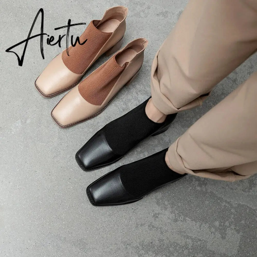 Aiertu  Fashion Comfortable Genuine Leather Women's Ankle Boots Elegant Square Toe Thick Heels Pumps Party Casual Shoes Woman New Aiertu