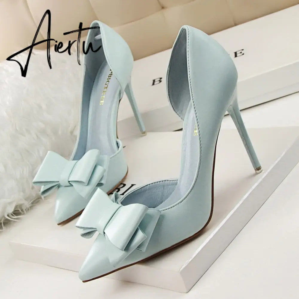 Aiertu Fashion Delicate Sweet Bowknot High Heel Shoes Side Hollow Pointed Women Pumps Pointed Toe 10.5CM thin Dress Shoes Aiertu