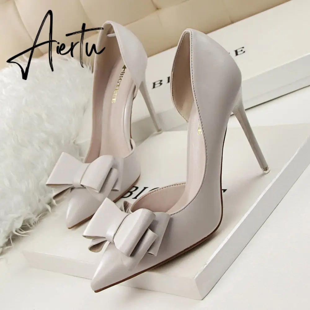 Aiertu Fashion Delicate Sweet Bowknot High Heel Shoes Side Hollow Pointed Women Pumps Pointed Toe 10.5CM thin Dress Shoes Aiertu