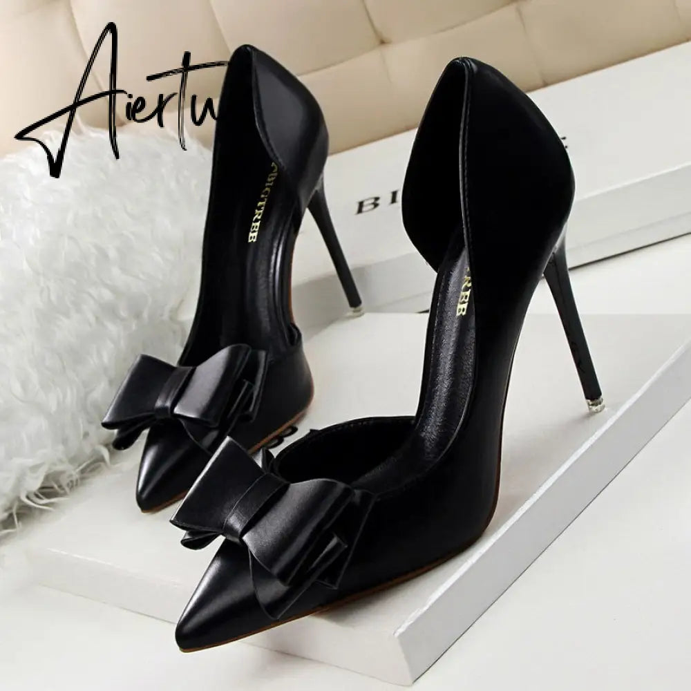 Aiertu Fashion Delicate Sweet Bowknot High Heel Shoes Side Hollow Pointed Women Pumps Pointed Toe 10.5CM thin Dress Shoes Aiertu