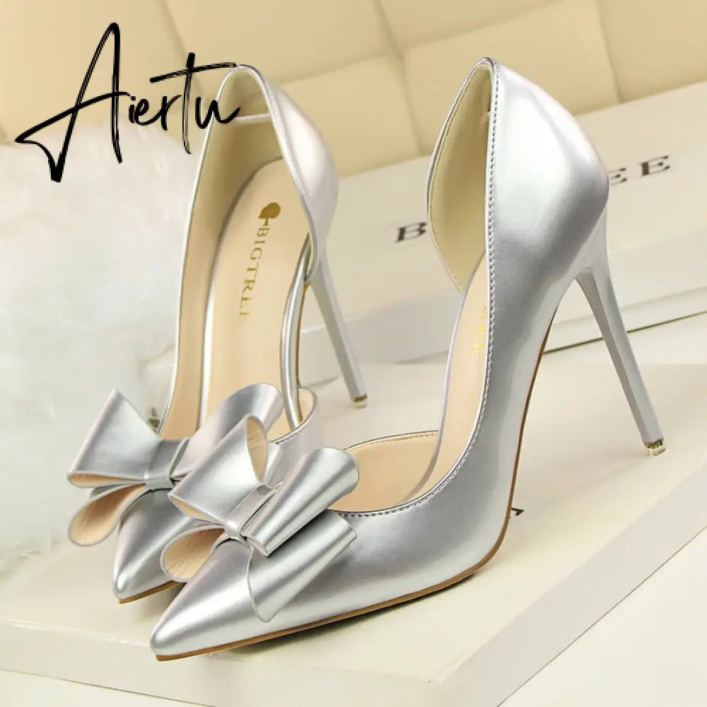 Aiertu Fashion Delicate Sweet Bowknot High Heel Shoes Side Hollow Pointed Women Pumps Pointed Toe 10.5CM thin Dress Shoes Aiertu